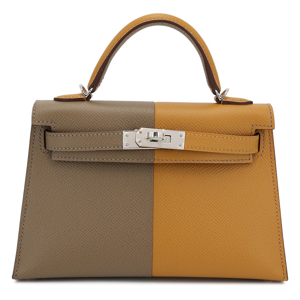 Hermes Mini Kelly II Casaque bag in Sesame and Etoupe Epsom leather with Blue Indigo interior and Palladium hardware