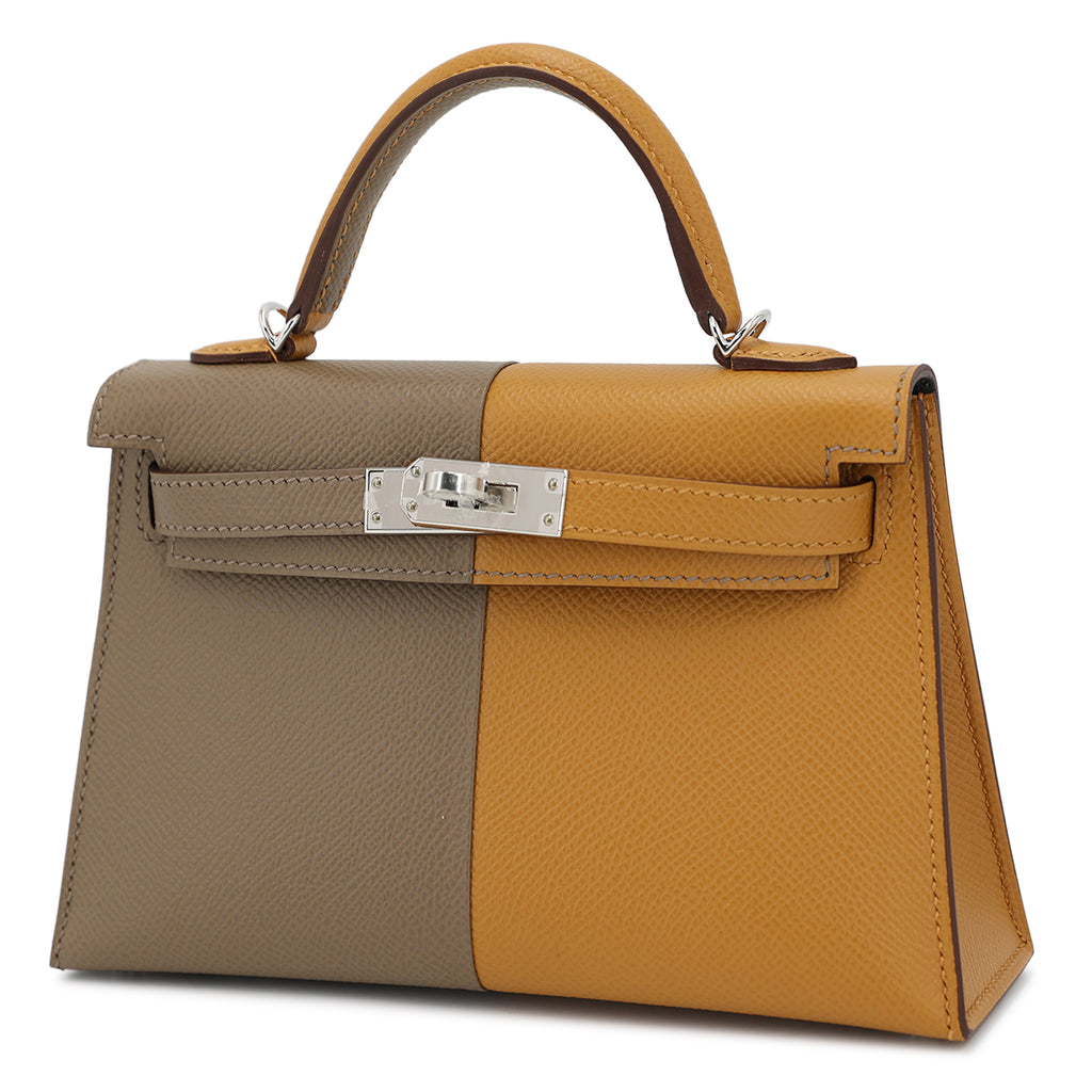 Hermes Mini Kelly II Casaque bag in Sesame and Etoupe Epsom leather with Blue Indigo interior and Palladium hardware