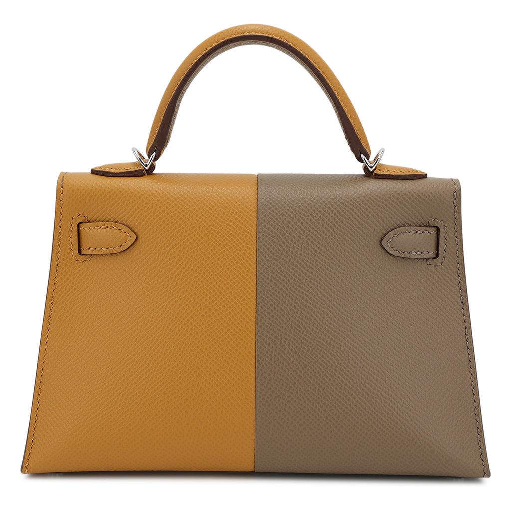 Hermes Mini Kelly II Casaque bag in Sesame and Etoupe Epsom leather with Blue Indigo interior and Palladium hardware