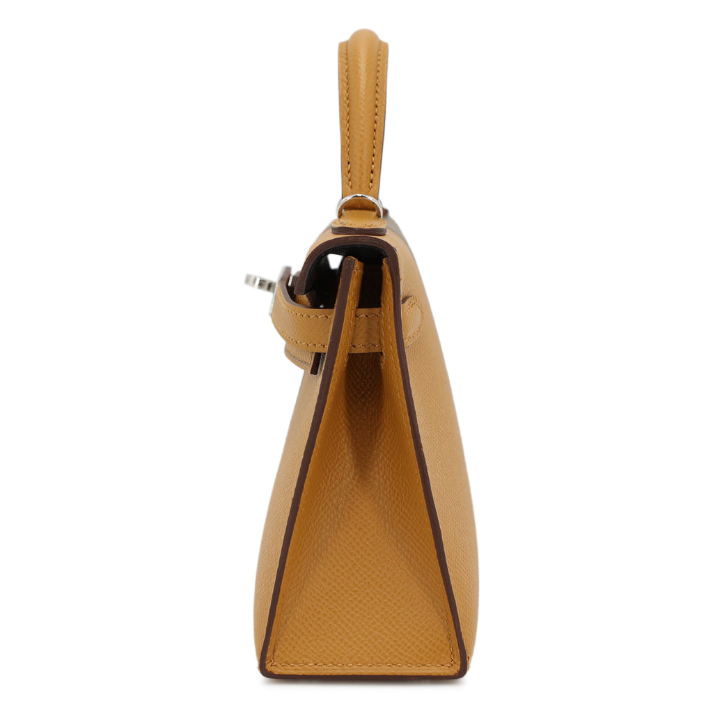 Hermes Mini Kelly II Casaque bag in Sesame and Etoupe Epsom leather with Blue Indigo interior and Palladium hardware