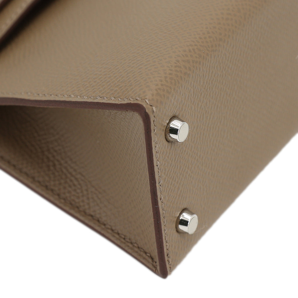 Hermes Mini Kelly II Casaque bag in Sesame and Etoupe Epsom leather with Blue Indigo interior and Palladium hardware