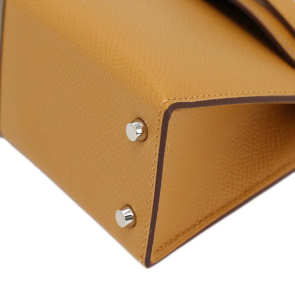 Hermes Mini Kelly II Casaque bag in Sesame and Etoupe Epsom leather with Blue Indigo interior and Palladium hardware