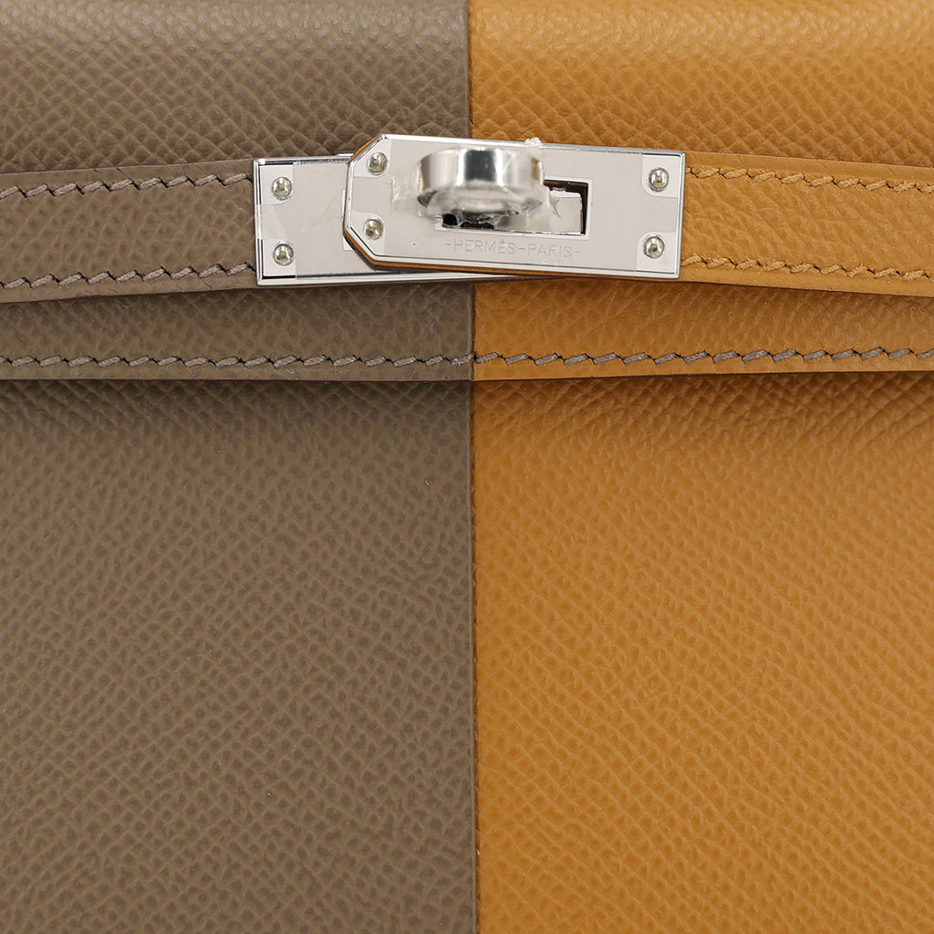 Hermes Mini Kelly II Casaque bag in Sesame and Etoupe Epsom leather with Blue Indigo interior and Palladium hardware