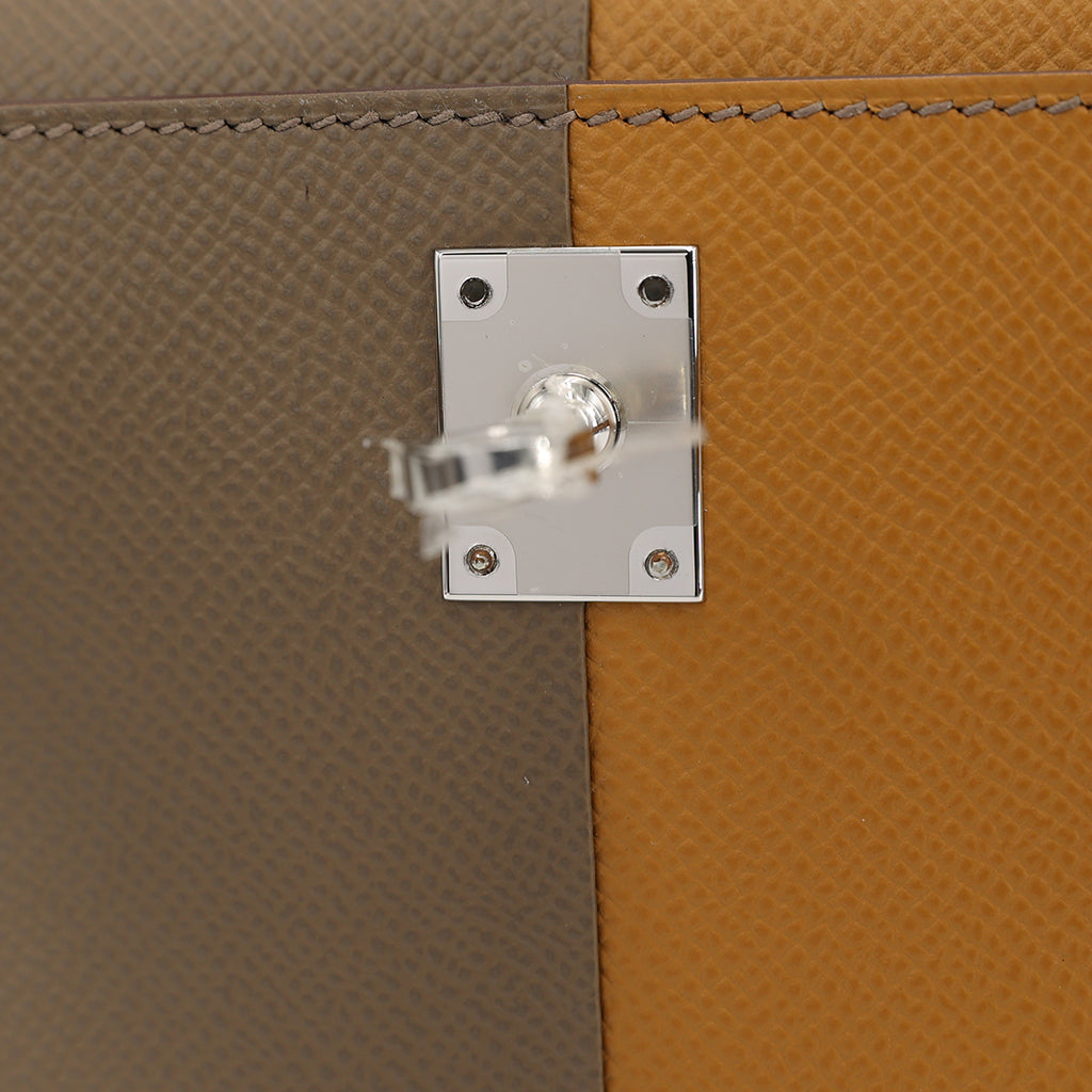 Hermes Mini Kelly II Casaque bag in Sesame and Etoupe Epsom leather with Blue Indigo interior and Palladium hardware