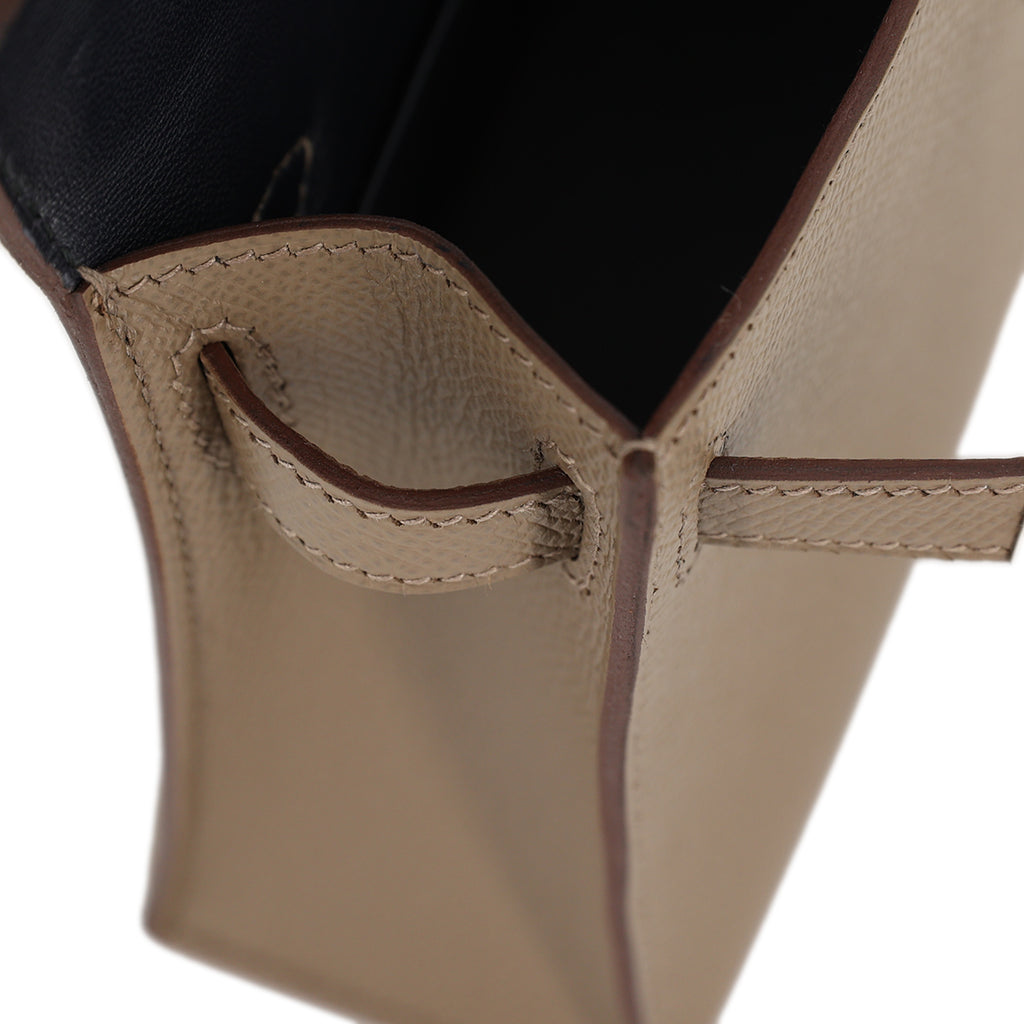 Hermes Mini Kelly II Casaque bag in Sesame and Etoupe Epsom leather with Blue Indigo interior and Palladium hardware