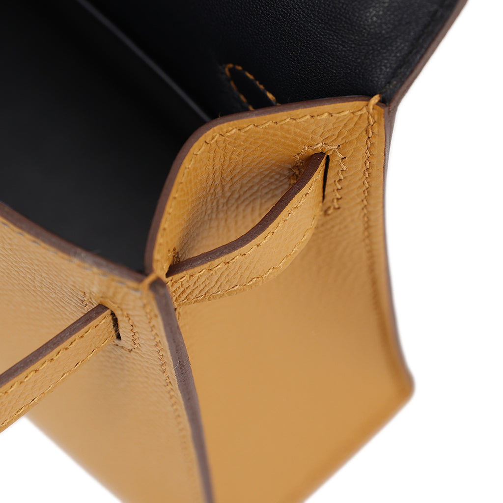 Hermes Mini Kelly II Casaque bag in Sesame and Etoupe Epsom leather with Blue Indigo interior and Palladium hardware