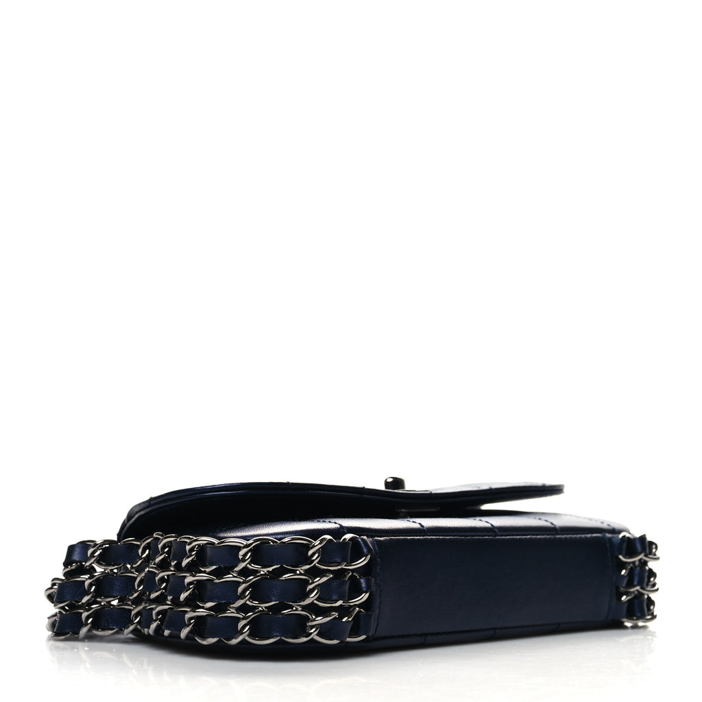 Vintage Chanel Lambskin Chocolate Bar Quilted 3 Chain Flap Navy Blue