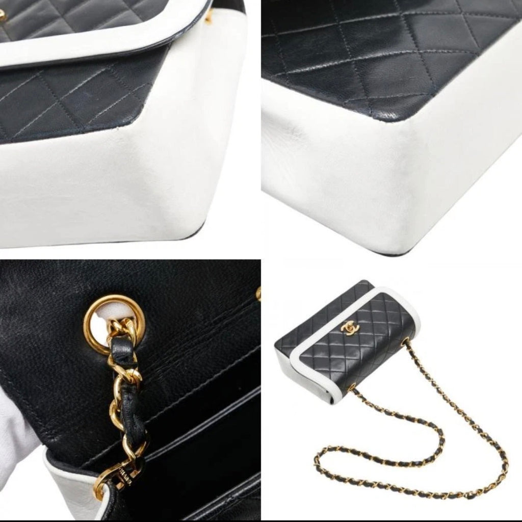 Chanel Coco Mark Matelasse Chain Shoulder Bag Black White Lambskin