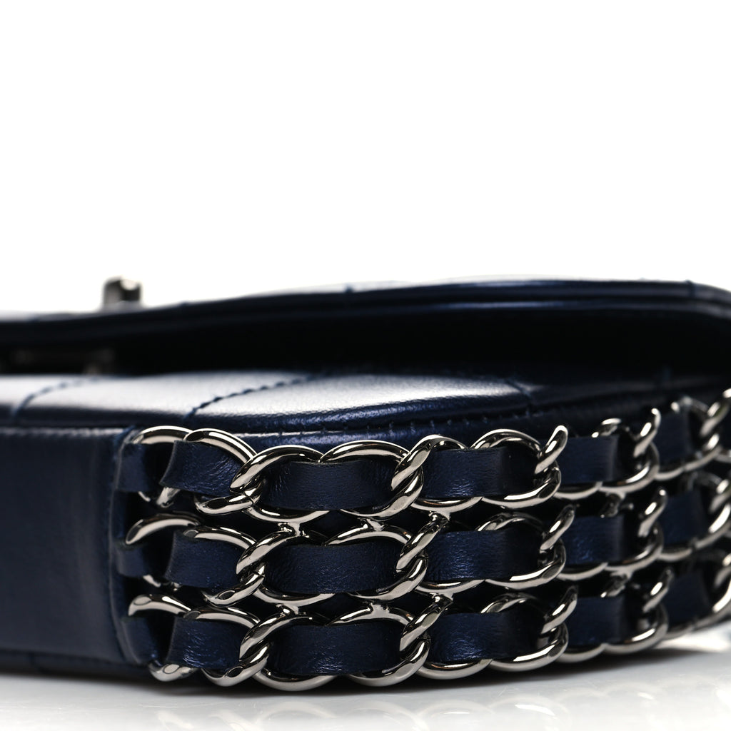 Vintage Chanel Lambskin Chocolate Bar Quilted 3 Chain Flap Navy Blue