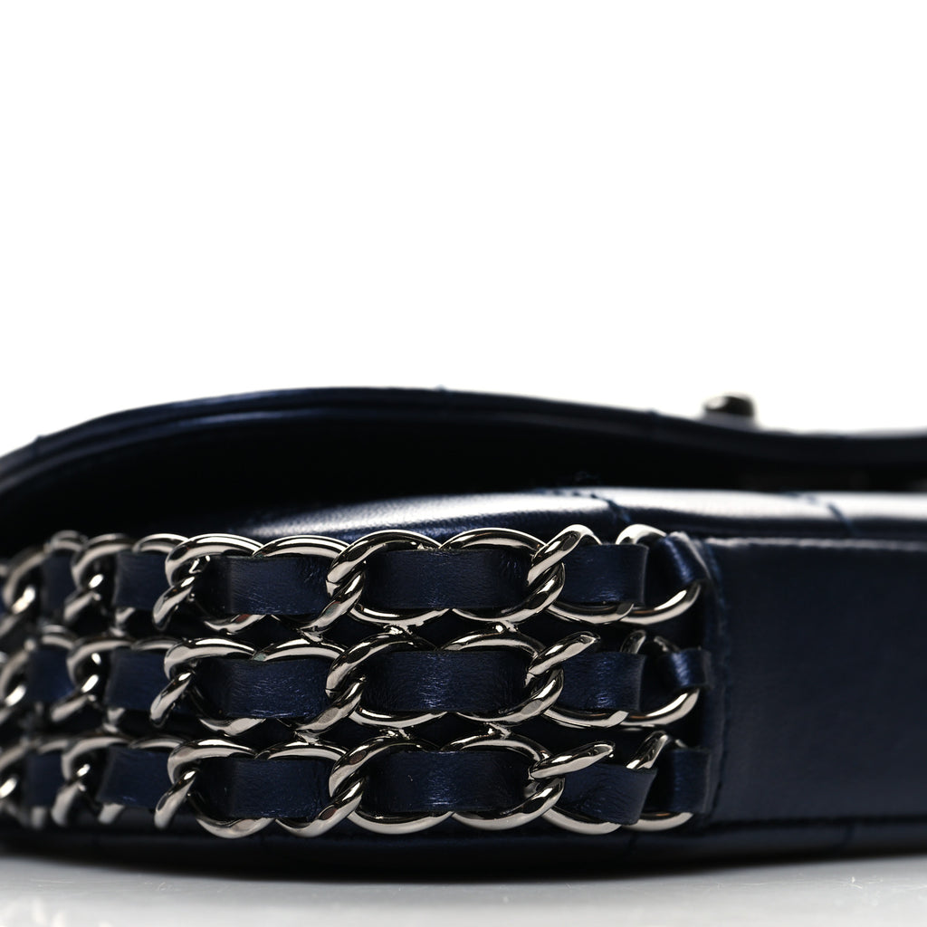 Vintage Chanel Lambskin Chocolate Bar Quilted 3 Chain Flap Navy Blue