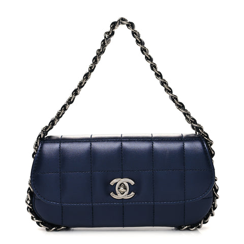 Vintage Chanel Lambskin Chocolate Bar Quilted 3 Chain Flap Navy Blue