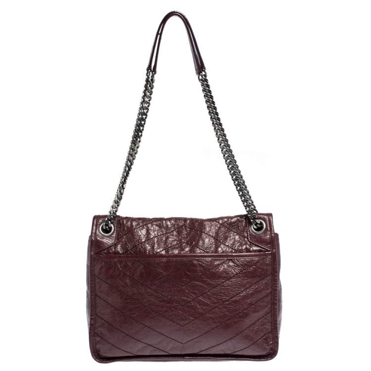 Saint Laurent Crinkled Calfskin Matelasse Monogram Medium Niki Chain Satchel Burgundy Bag