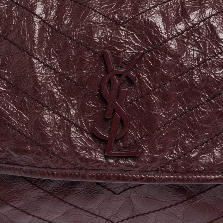 Saint Laurent Crinkled Calfskin Matelasse Monogram Medium Niki Chain Satchel Burgundy Bag