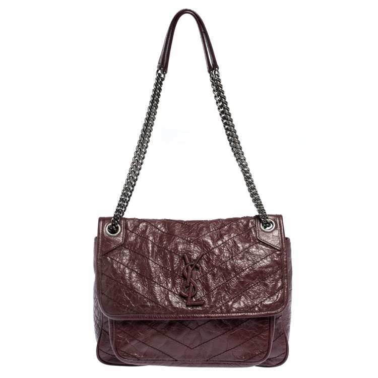 Saint Laurent Crinkled Calfskin Matelasse Monogram Medium Niki Chain Satchel Burgundy Bag