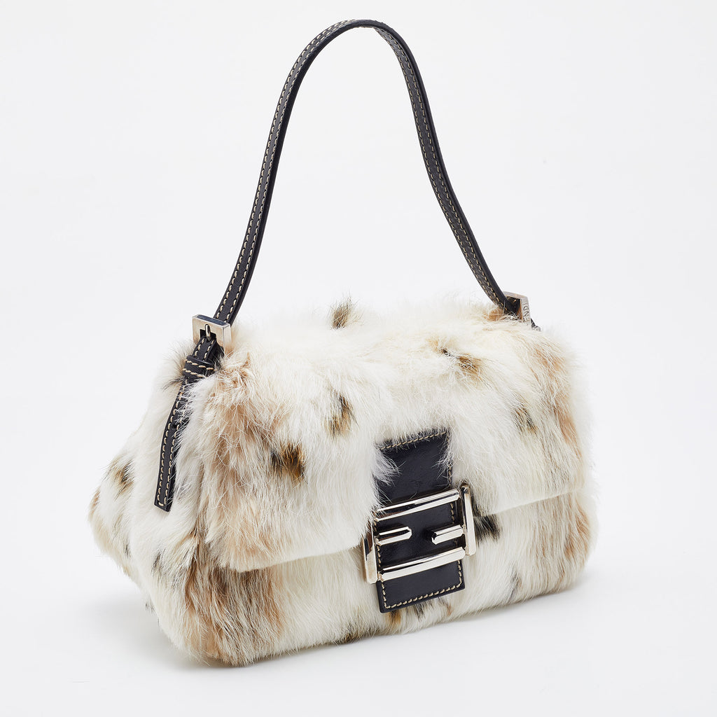 Fendi Mama white/brown rabbit fur baguette bag
