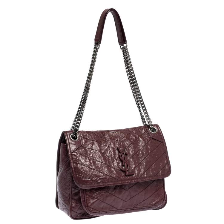Saint Laurent Crinkled Calfskin Matelasse Monogram Medium Niki Chain Satchel Burgundy Bag