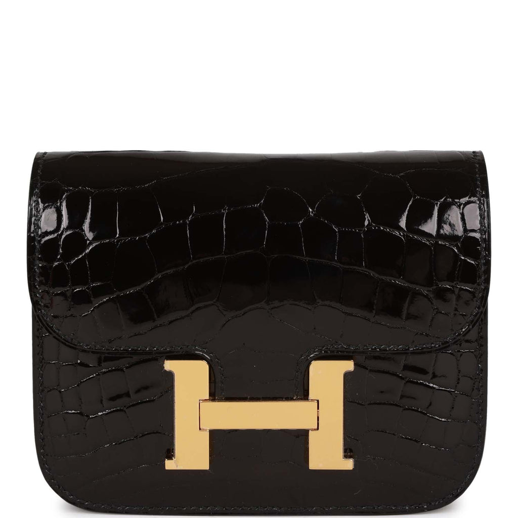 Hermes Constance Slim Compact Wallet Shiny Black Alligator Gold Hardware