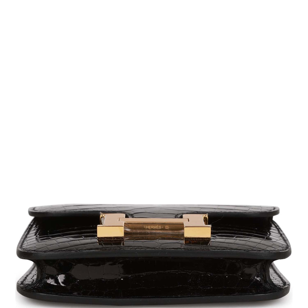 Hermes Constance Slim Compact Wallet Shiny Black Alligator Gold Hardware