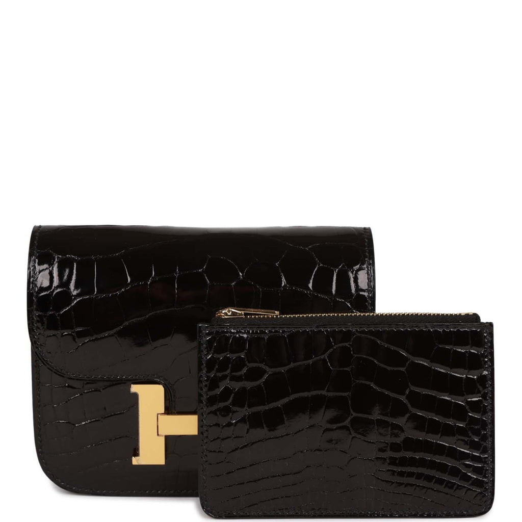 Hermes Constance Slim Compact Wallet Shiny Black Alligator Gold Hardware