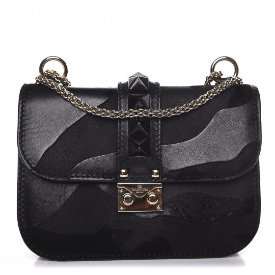 VALENTINO GARAVANI Nappa Camouflage Small Glam Lock Rockstud Flap Black Shoulder Bag