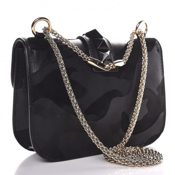 VALENTINO GARAVANI Nappa Camouflage Small Glam Lock Rockstud Flap Black Shoulder Bag
