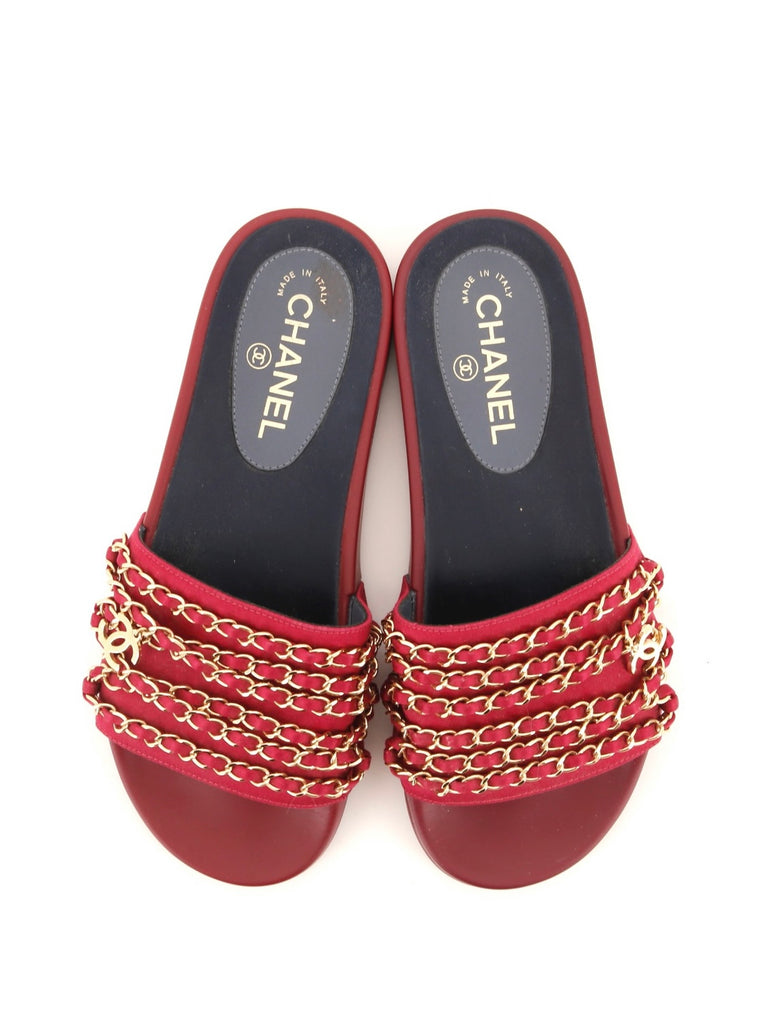 CHANEL Red Tropiconic Chain Slides Size 38