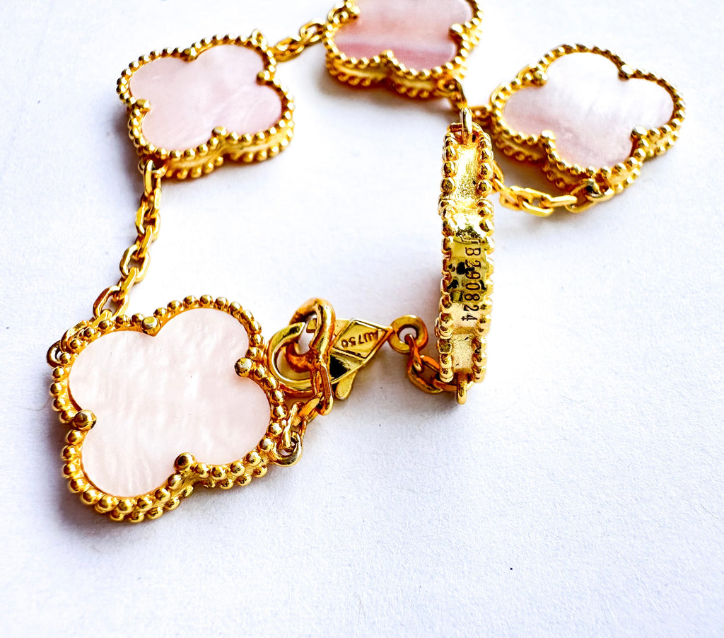 Van Cleef & Arpels 18K Yellow Gold Carnelian Mother of Pearl 5 Motifs Vintage Alhambra Bracelet