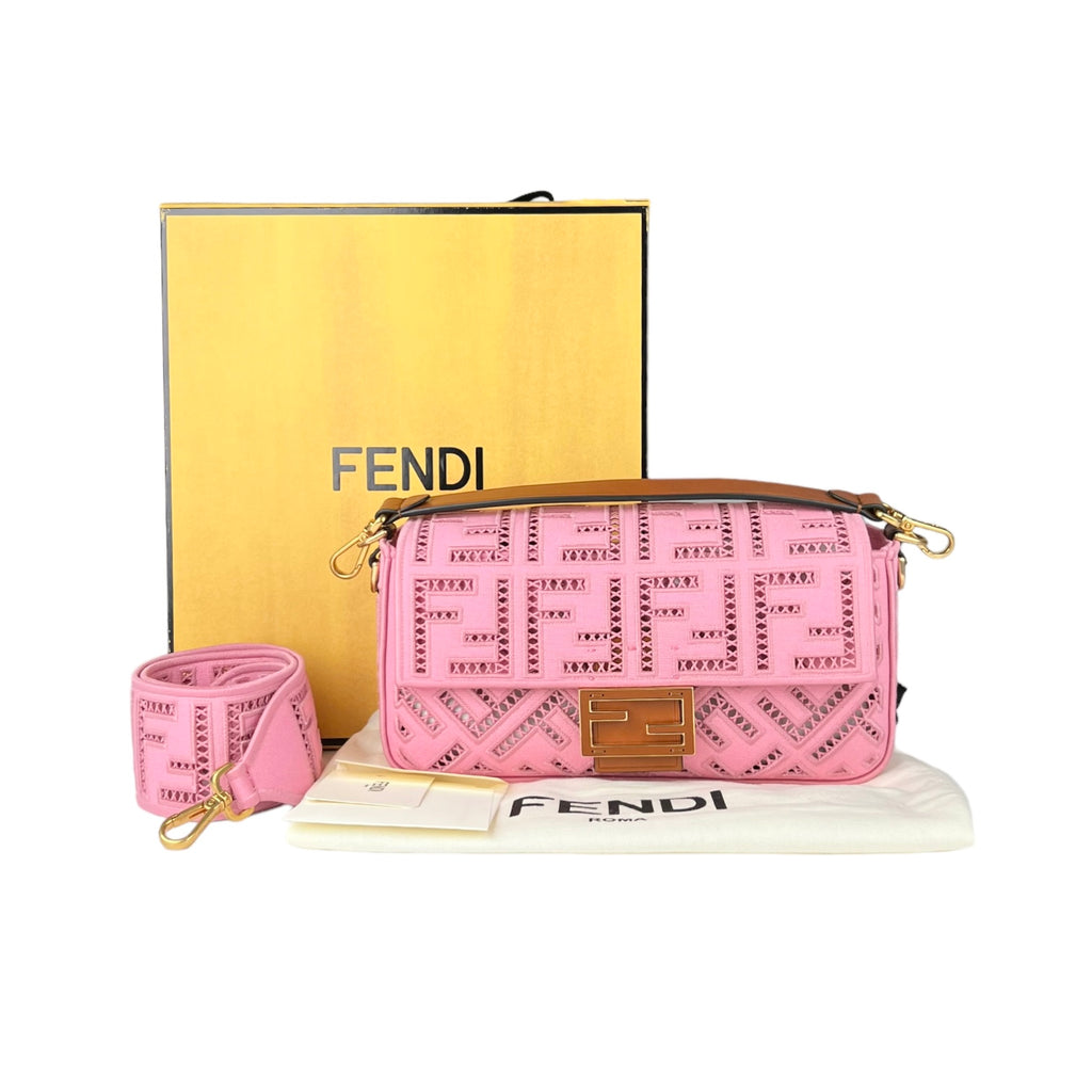 Fendi Pink Canvas Cuoio Agata FF Ajour Embroidered Baguette Bag (For Hire)