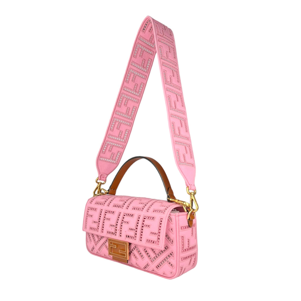 Fendi Pink Canvas Cuoio Agata FF Ajour Embroidered Baguette Bag (For Hire)