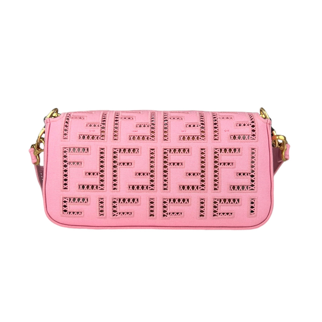 Fendi Pink Canvas Cuoio Agata FF Ajour Embroidered Baguette Bag (For Hire)