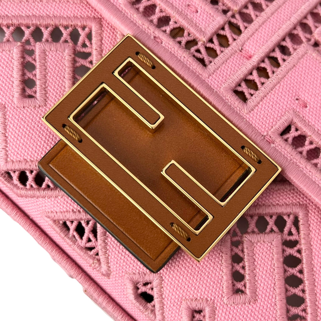 Fendi Pink Canvas Cuoio Agata FF Ajour Embroidered Baguette Bag (For Hire)