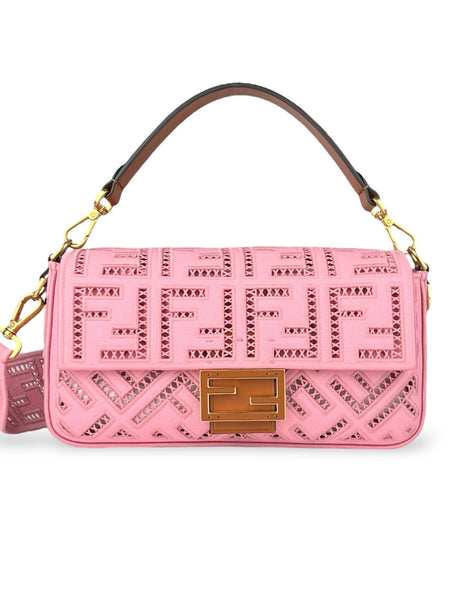 Fendi Pink Canvas Cuoio Agata FF Ajour Embroidered Baguette Bag (For Hire)