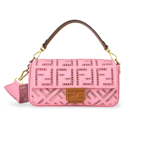 Fendi Pink Canvas Cuoio Agata FF Ajour Embroidered Baguette Bag (For Hire)