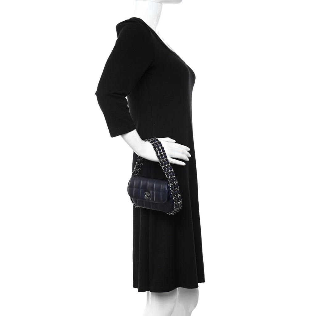 Vintage Chanel Lambskin Chocolate Bar Quilted 3 Chain Flap Navy Blue