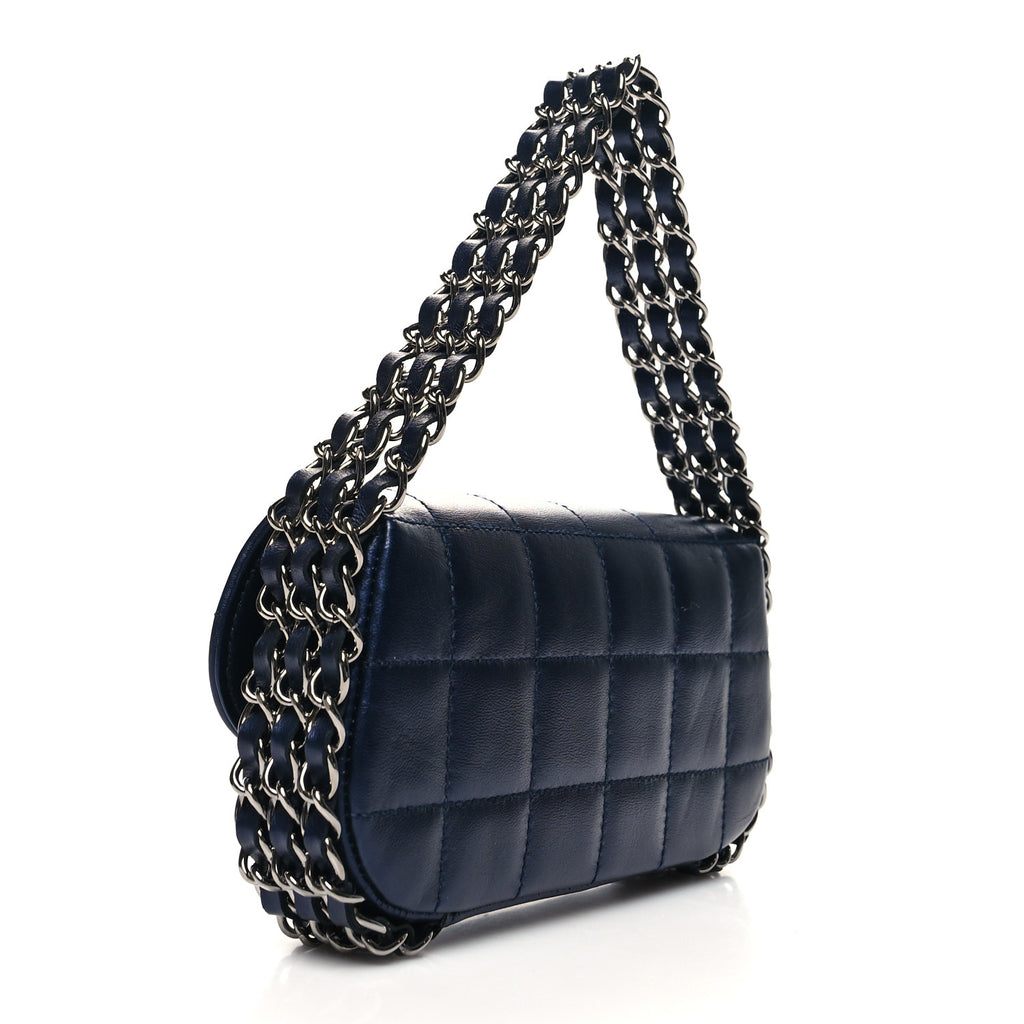 Vintage Chanel Lambskin Chocolate Bar Quilted 3 Chain Flap Navy Blue