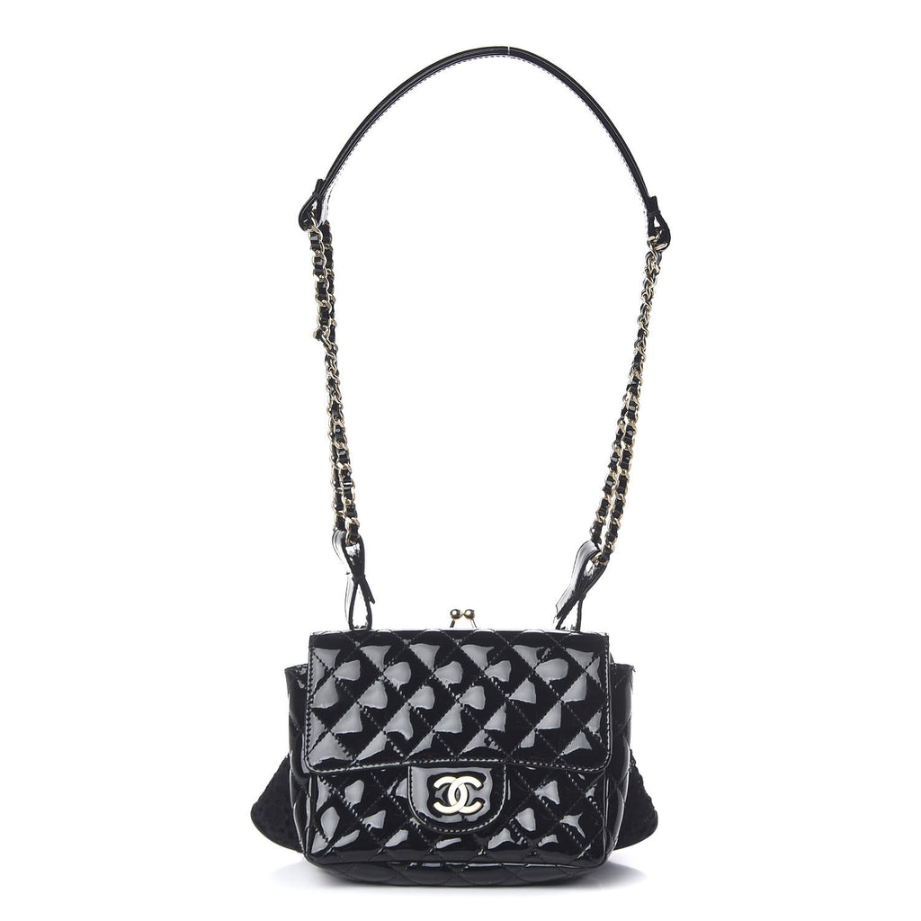 Chanel Vintage Patent Lace Mini Kiss Lock Double Bag Black