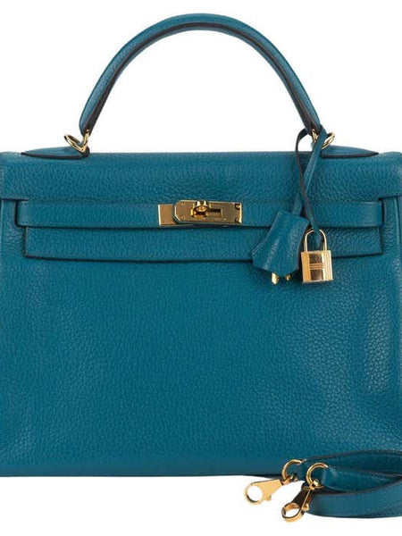 Hermes Kelly 32 Bag Blue Izmir Taurillion Clemence