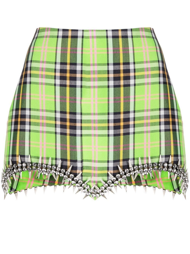 Area Crystal Spike Plaid Blazer And Skirt Set Green