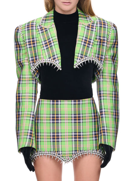 Area Crystal Spike Plaid Blazer And Skirt Set Green
