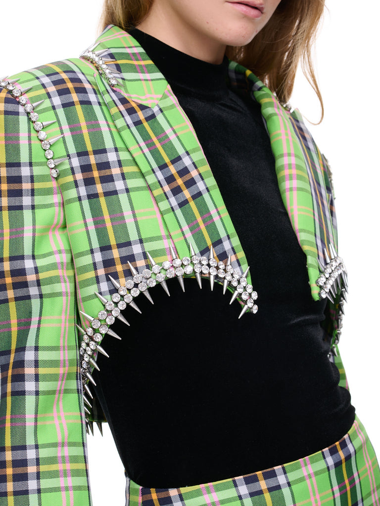 Area Crystal Spike Plaid Blazer And Skirt Set Green