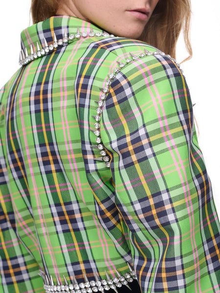 Area Crystal Spike Plaid Blazer And Skirt Set Green