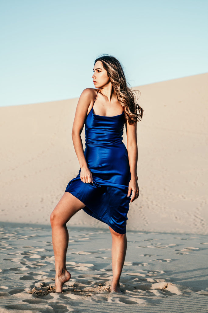 Dion Lee Bias Weave Cowl Dress Silk Satin Ultra Blue (For Hire)