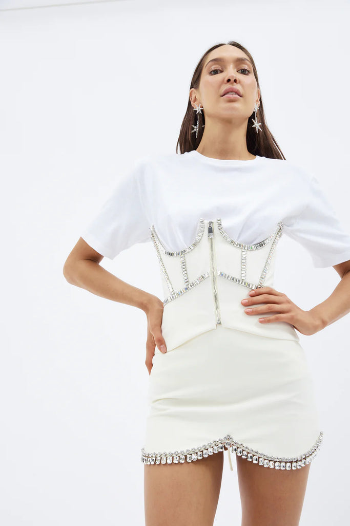 AREA NYC Baguette Crystal Stitched Ivory Corset