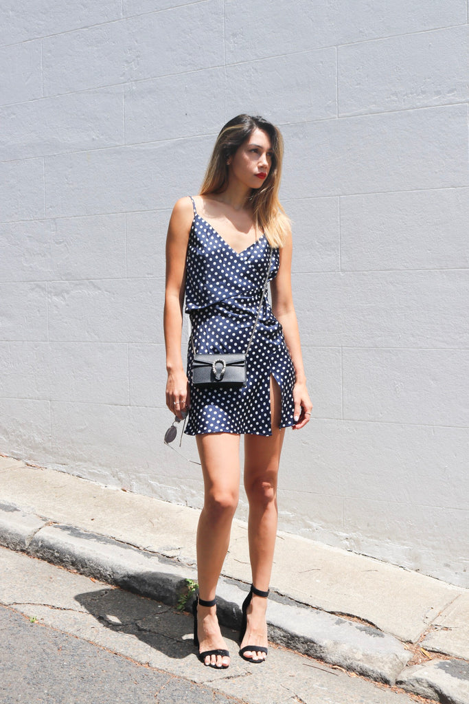 Jenna Navy Polka Dot Mini Dress (For Hire)