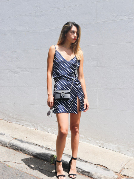 Jenna Navy Polka Dot Mini Dress (For Hire)