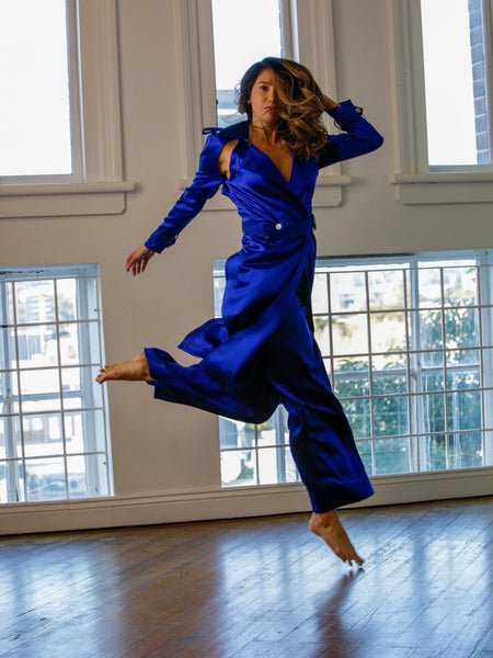 Dion Lee Silk Satin Trench & Pant Set Ultra Blue (For Hire)