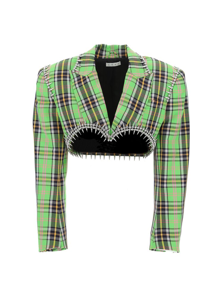 Area Crystal Spike Plaid Blazer And Skirt Set Green