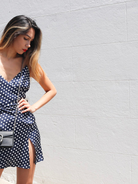 Jenna Navy Polka Dot Mini Dress (For Hire)