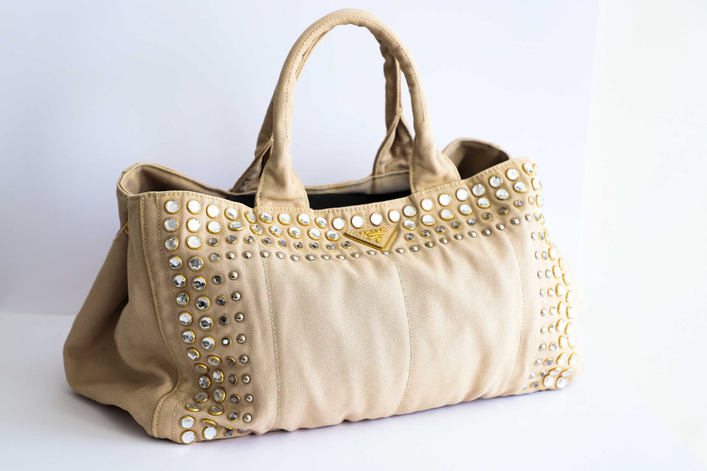 Prada - Ecru Denim Studded Tote