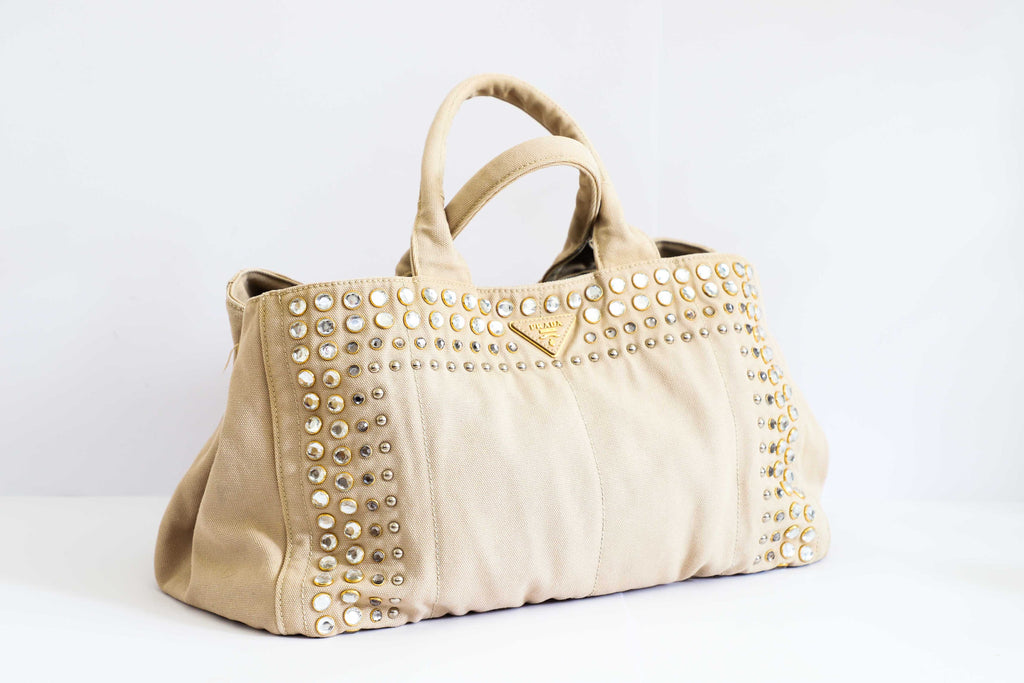 Prada - Ecru Denim Studded Tote